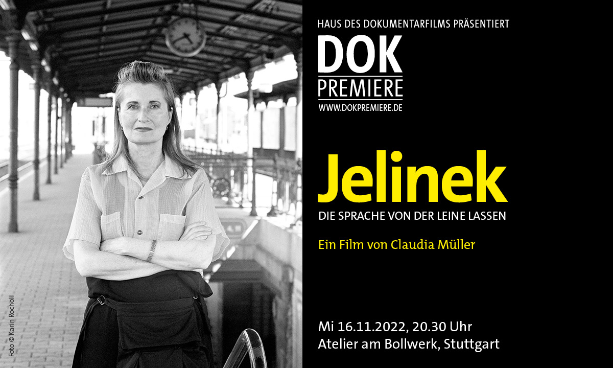 Hauptvisual DOK Premiere JELINEK. DIE SPRACHE VON DER LEINE LASSEN