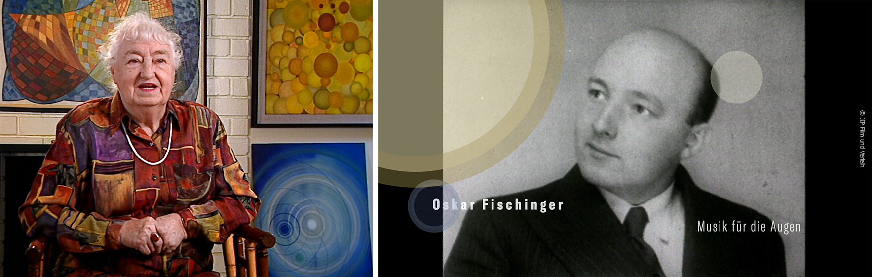 Bildcollage: Elfriede Fischinger Interview (links), Oskar Fischinger SW-Bild und Titel MUSIK FÜR DIE AUGEN (r.) Filmstills zur Verfügung gestellt von JIP Film & Verleih